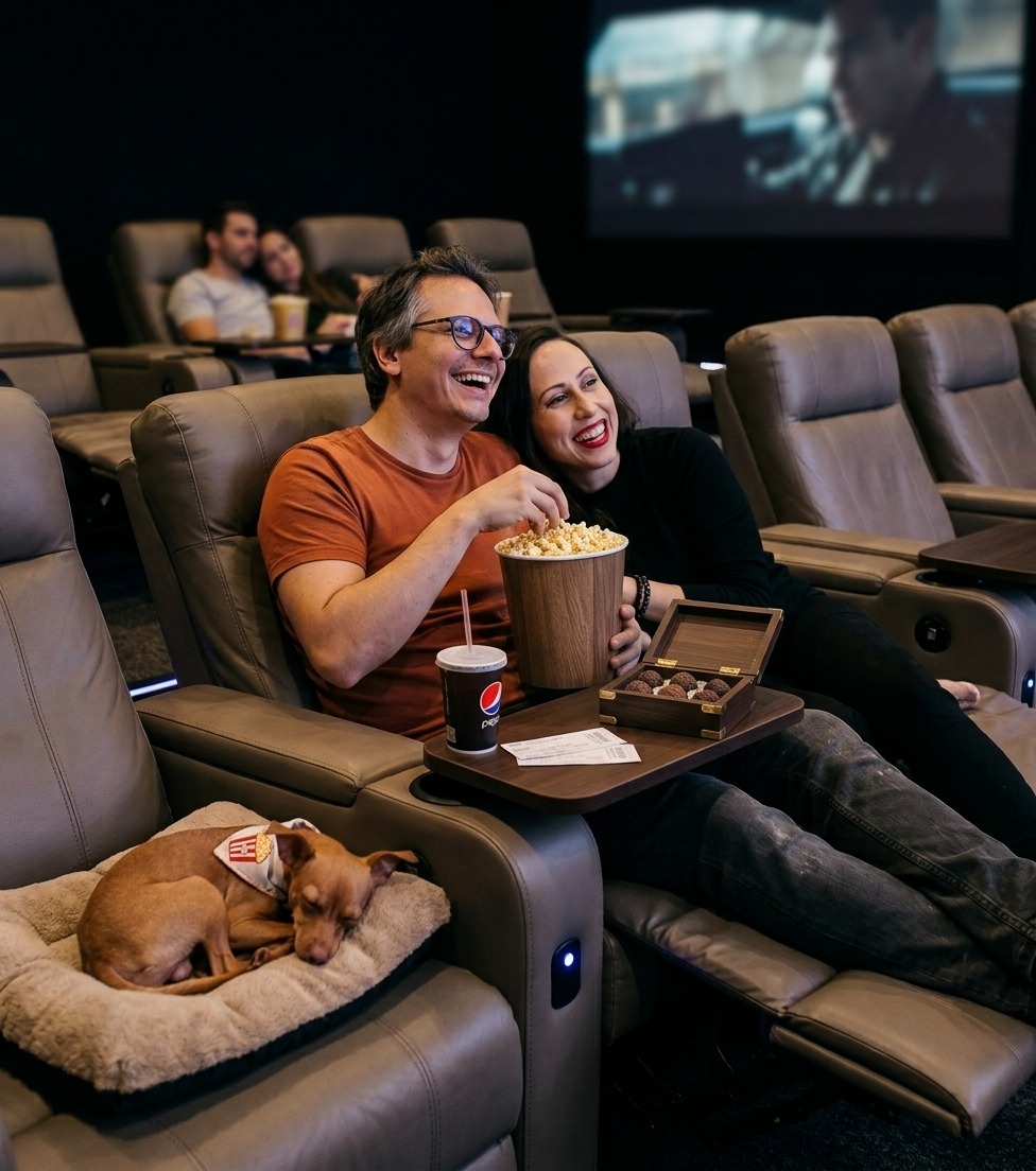 Cinema em poltrona reclinável pro casal com pipoca